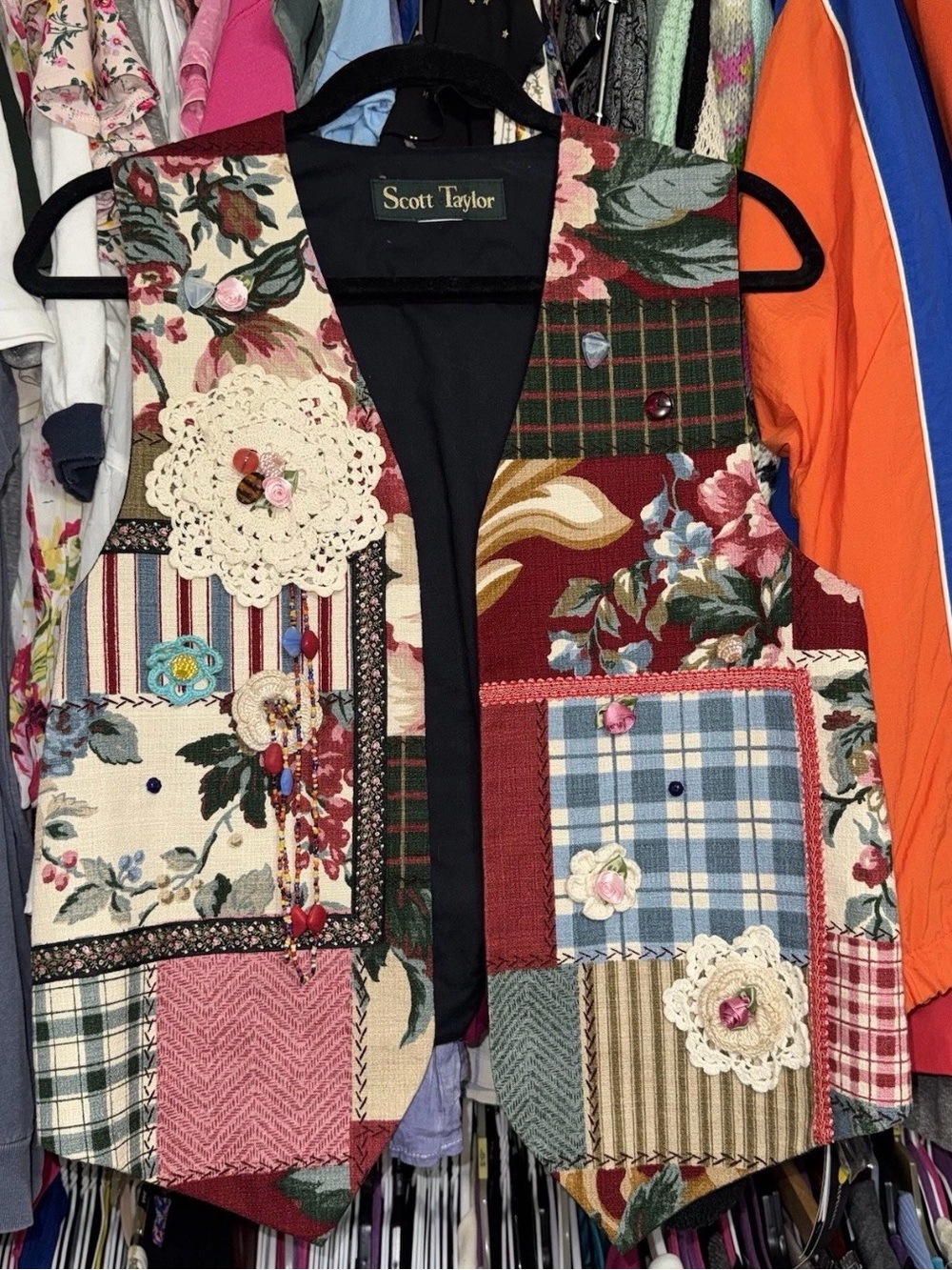 Scott Taylor Vintage 100% cotton patchwork vest with embellishments!